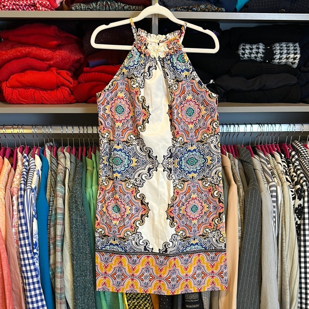 London Times white/multicolor print sleeveless button back dress size 4